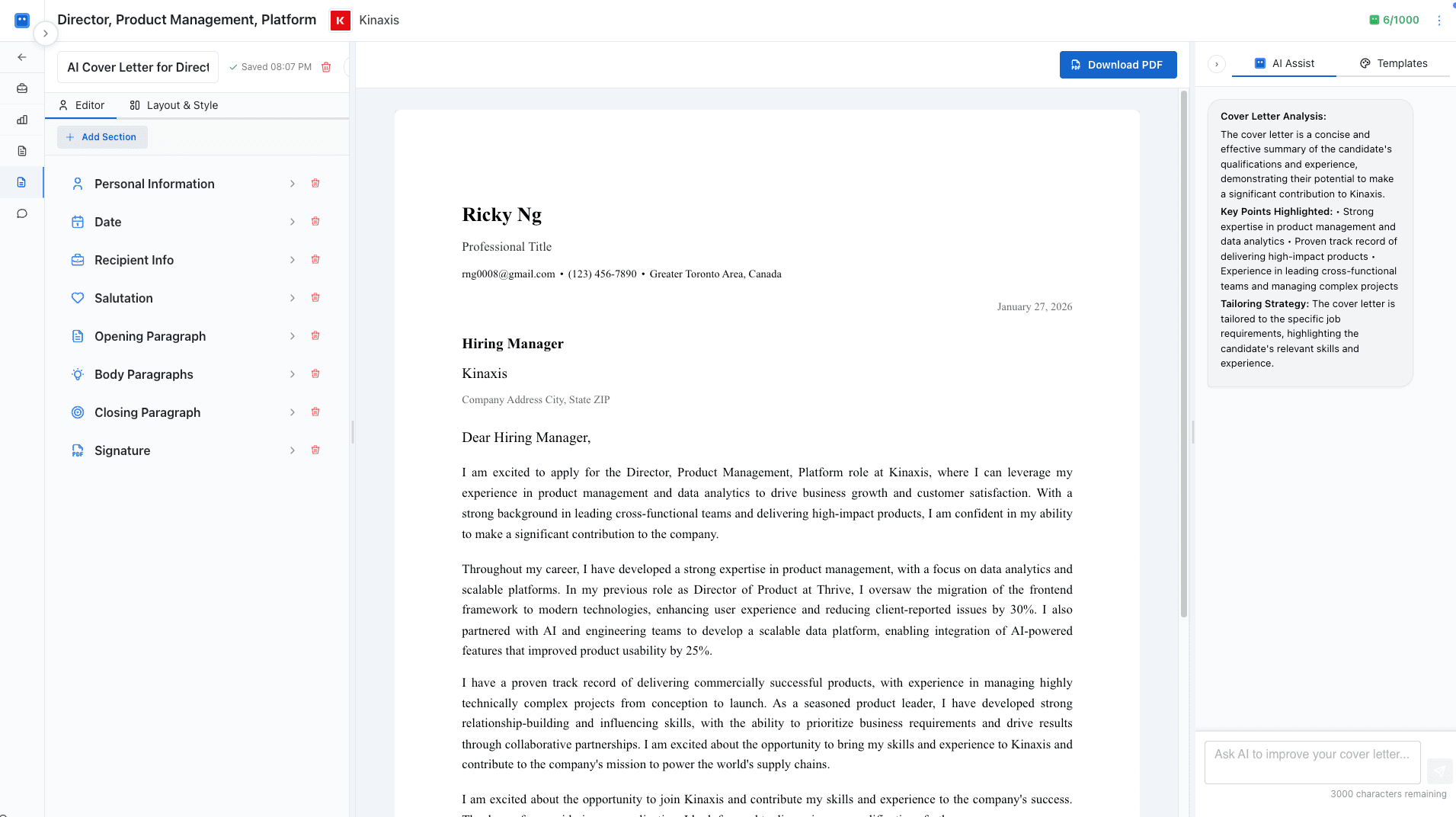 AI Cover Letter Builder - Demo Screenshot